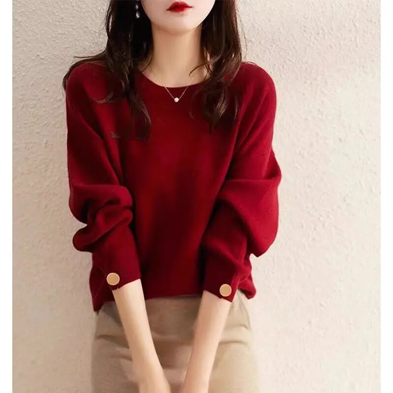 洋气时尚红色毛衣女装2023秋装新款羊绒打底针织衫上衣