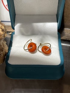 南红面包圈平安扣耳环耳圈保真天然18k金满色满肉柿子红无杂裂