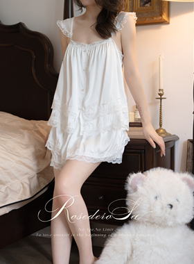 RoseDeRosee晨露小姐 甜美蕾丝吊带睡衣女夏季薄款公主家居服套装