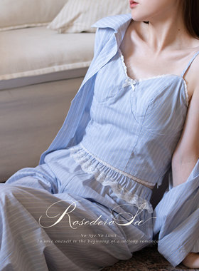 RoseDeRosee 航海日记全棉条纹睡衣套装可外穿家居服衬衫带胸垫