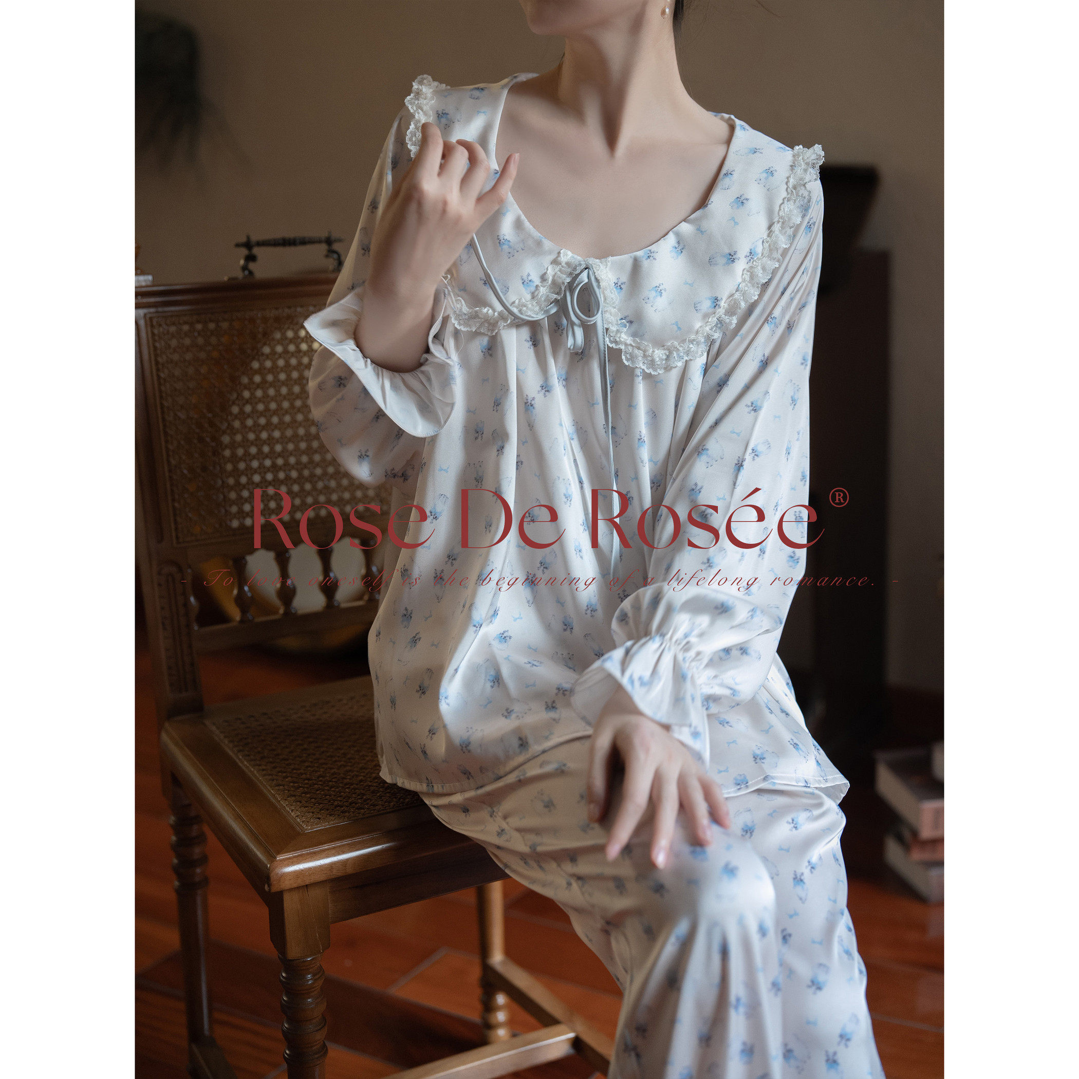 Rosederosee 法派甜心少女碎花连衣裙甜美公主丝质家居服法式睡衣