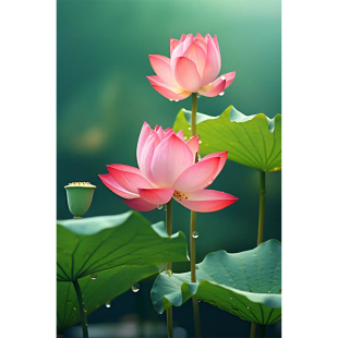 荷花装 饰画 饰自粘画粉莲花荷花叶荷塘莲花粉色自然风景海报贴画装