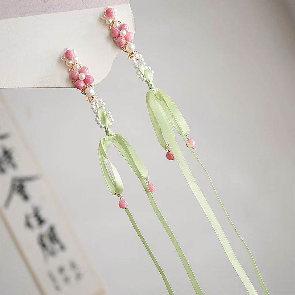 凌妙妙汉服古风花朵绿色飘带发夹发钗蝴蝶结流苏儿童头饰配饰新款图片
