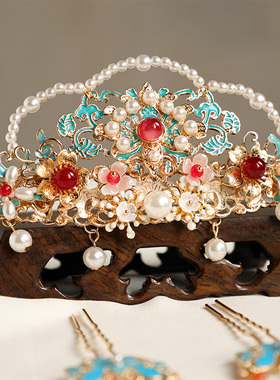 国风凤冠明制婚嫁烧蓝头饰发冠古风汉服宋制过年发饰红色发钗配饰