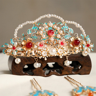 国风凤冠明制婚嫁烧蓝头饰发冠古风汉服宋制过年发饰红色发钗配饰