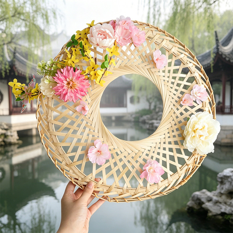 春夏桃枝绢花仿真花帷帽古风汉服配饰超仙氛围拍照遮容竹帽斗笠