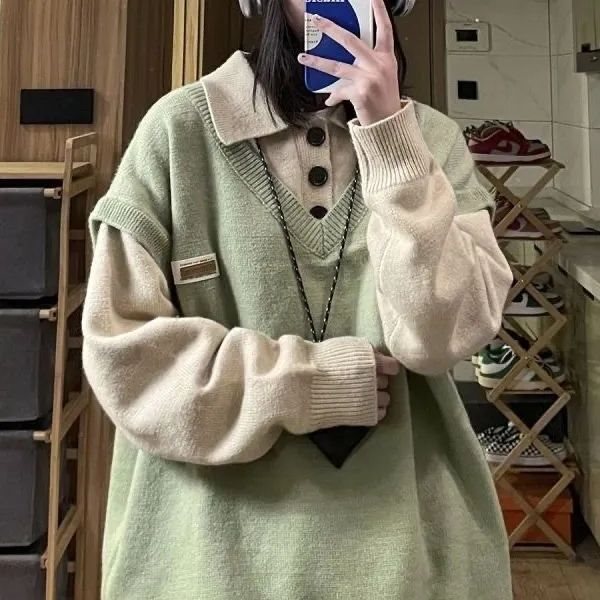 慵懒风毛衣领假两件森系毛衣港风秋春夏宽松长袖一套女装全套