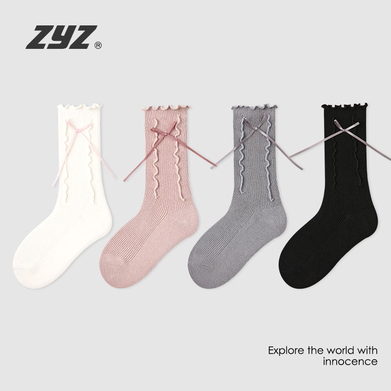 女童袜子春秋纯棉女孩蝴蝶结木耳花边公主袜儿童秋冬季芭蕾风棉袜