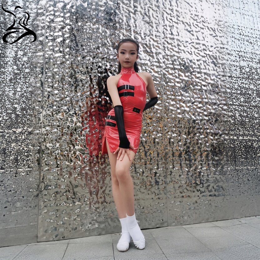 艾妮舞服｜新款亮面皮女童拉丁舞服拼接包臀分体套裙练功服表演裙