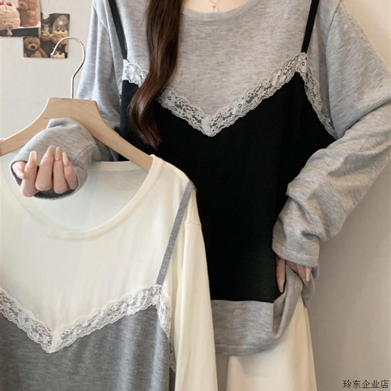 大码女装2025新款秋季韩系法式设计感上衣蕾丝拼接假两件针织t恤