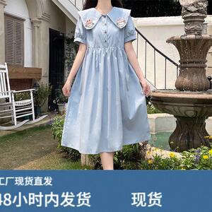 海军领连衣裙少女夏2024新款初中高中学生森系甜美收腰过膝长裙子