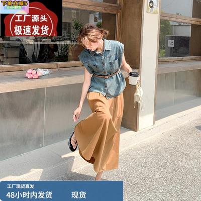 港风无袖牛仔衬衫套装女2025夏季新款复古高级感气质半身裙两件套