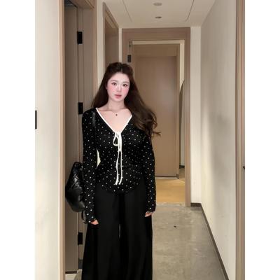 大码胖mm纯欲辣妹风撞色设计感v领系带长袖T恤早秋新款修身上衣女