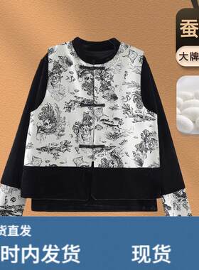 新中式真丝金丝绒盘扣马甲女士水墨印花马夹内搭圆领打底上衣套装
