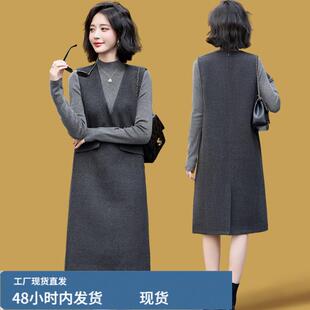 针织芼呢背心套装连衣裙女装秋冬款气质小香风显瘦呢子两件套裙子