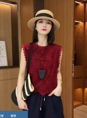 后背拉炼款气质无袖T恤夏新款女蕾丝拼接镂空花边背心高级感上衣