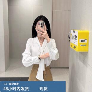 缎面白色衬衫女士春秋季长袖通勤职场面试白领衬衫蝴蝶结飘带上衣