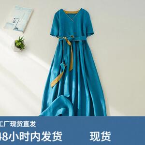 复古民族风棉麻v领连衣裙女2026夏新款大码气质收腰显瘦亚麻长裙