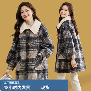秋冬款格子芼呢外套女中长款宽松时尚流行加厚呢子大衣