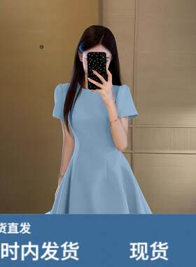 蓝色短袖洋装子女夏季法式气质高级感小个子收腰显瘦礼服裙短裙