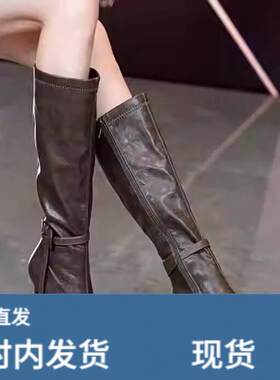 秋冬新款棕色尖头高跟长筒靴女鞋法式气质软皮细跟高筒骑士靴