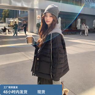 黑色撞色针织连帽排骨羽绒服女短款2025冬韩系ins风简约保暖外套