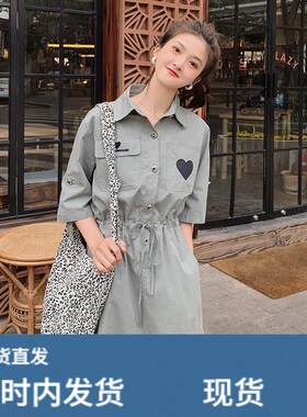 休闲工作服洋装女夏季2025新款中长版纯棉气质显瘦中袖宽松衬衫裙