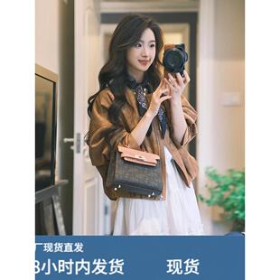 Meilade穿着一件棕色的春秋女性翻领夹克，韩式，简单，宽松，修