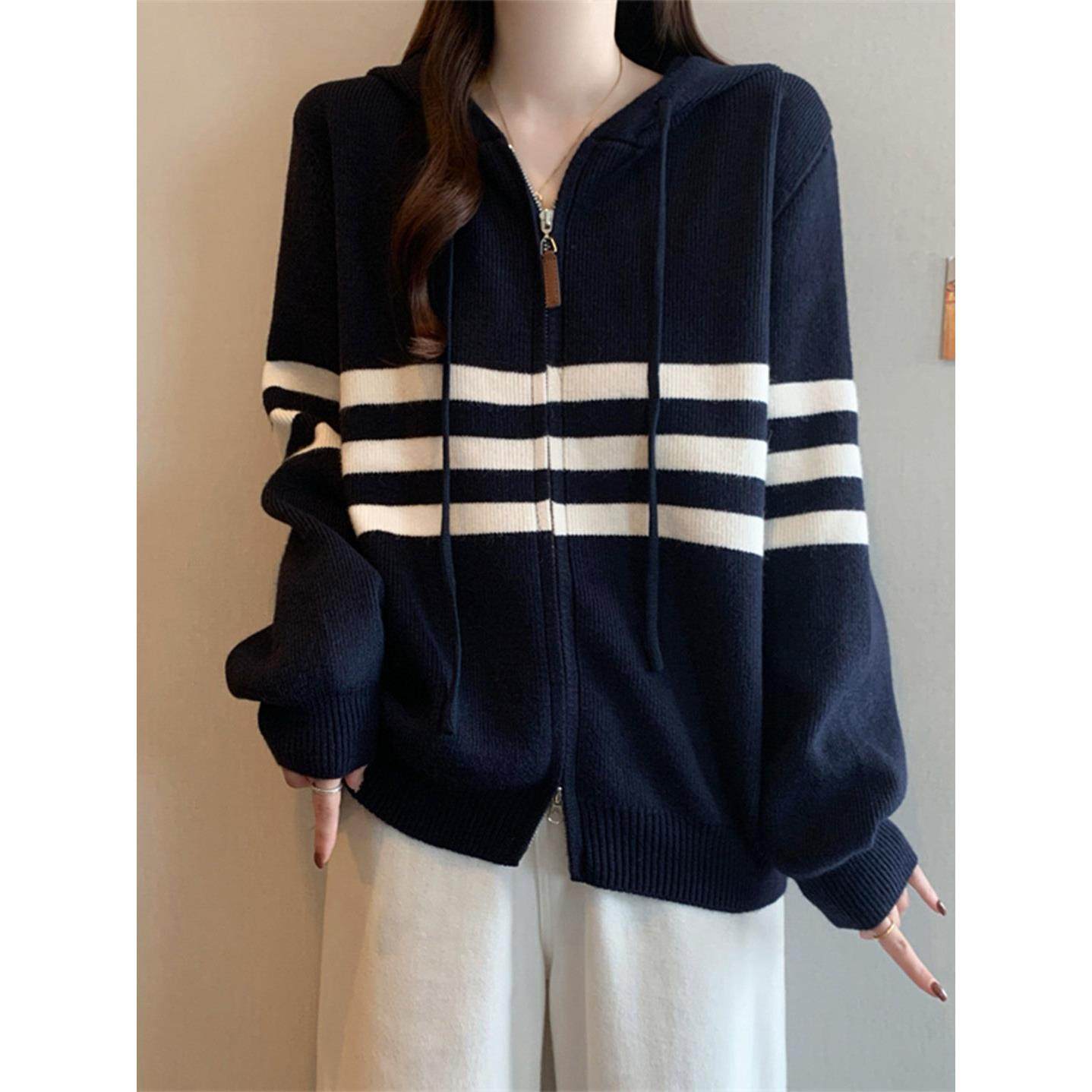 新大码女装秋冬新款休闲运动风连帽针织开衫条纹拉炼宽松毛衣外套,模玩/动漫/周边/娃圈三坑/桌游,Cosplay女装/cos女装,淘宝优惠券,粉丝福利购,淘宝优惠卷