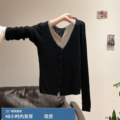 假两件设计感V领长袖针织开衫女2025年秋季新款修身显瘦气质上衣