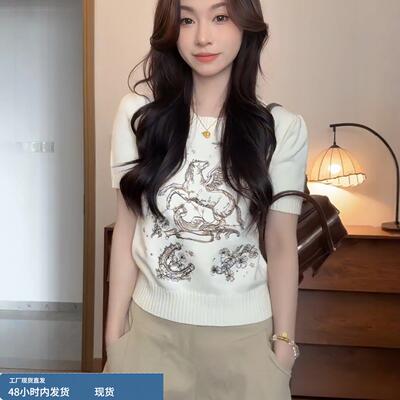 设计感小马刺绣短袖针织T恤女2026夏季新款修身显瘦洋气高级上衣