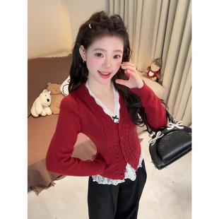 大码胖mm圣诞新年战袍红色针织套装秋冬新款修身减龄上衣两件套女