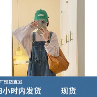 2026夏季新款宽松显瘦小个子七分阔腿裤垂坠感蓝色牛仔背带裤女士