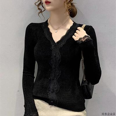 蕾丝花边V领新款天鹅绒开衫毛衣女士洋气修身打底衫秋冬针织上衣