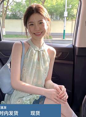 新中式国风刺绣挂颈背心女夏季绿色无袖雪纺衫小心机镂空透气上衣