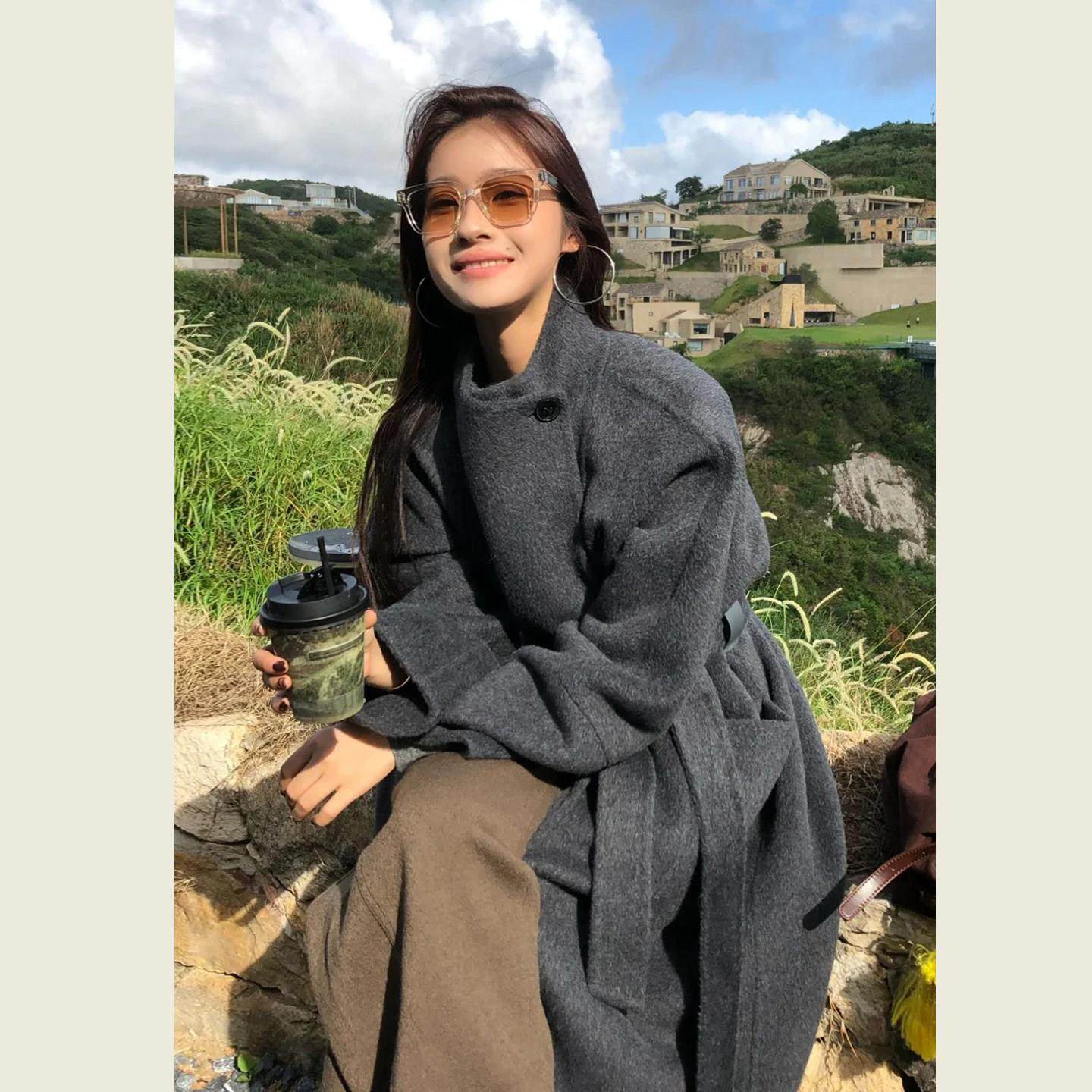 韩系赫本风灰色立领呢子大衣女秋冬季气质通勤中长款系带毛呢外套,运动/瑜伽/健身/球迷用品,广场舞套装,淘宝优惠券,粉丝福利购,淘宝优惠卷