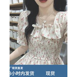 茶歇法式碎花连衣裙女夏季小个子气质收腰绝美仙女温柔风初恋长裙