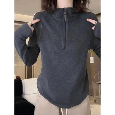 纯色半拉炼双面德绒长袖卫衣女秋冬保暖百搭宽松休闲立领内搭上衣