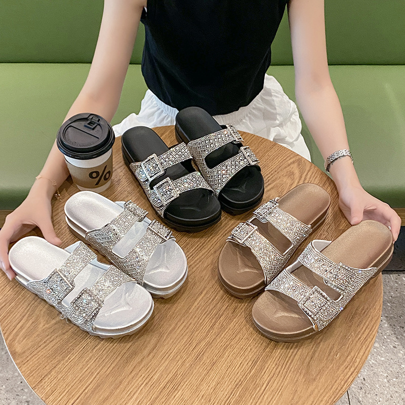 PUA钻闪亮跨境新款水钻一字露趾厚底拖鞋女外穿皮带扣镂空凉拖鞋