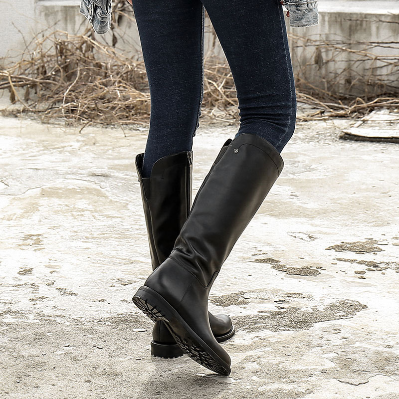 【正品】头层牛皮长筒皮靴2025秋冬新款加绒纯色圆头真皮时尚长靴