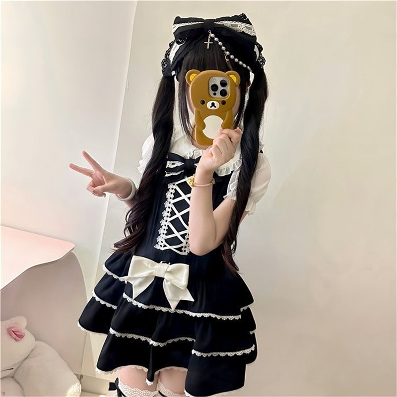全套熊之的昭和蛋糕lolita现货三层裙摆背带裙衬衫套装