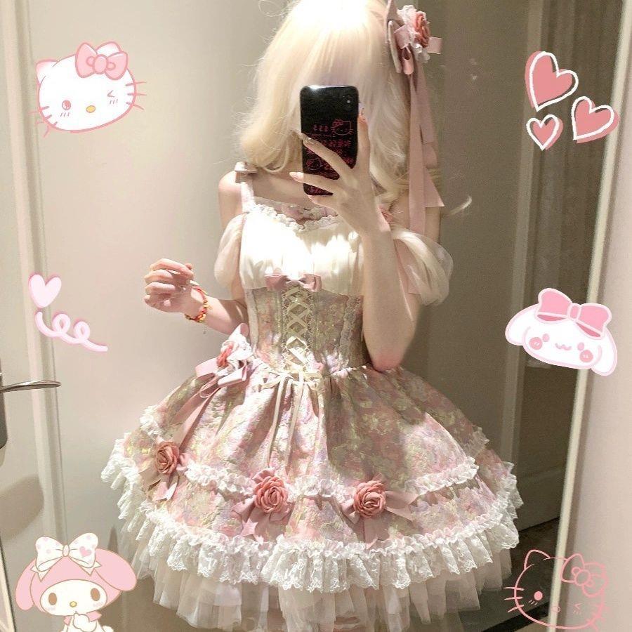 少女花园粉蓝提花面料春日感少女风甜妹公主裙桔梗house原创