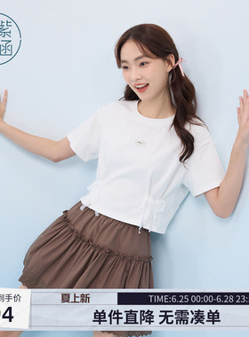 紫涵短款蕾丝蝴蝶结短袖T恤女士夏季新款设计感白色正肩圆领上衣