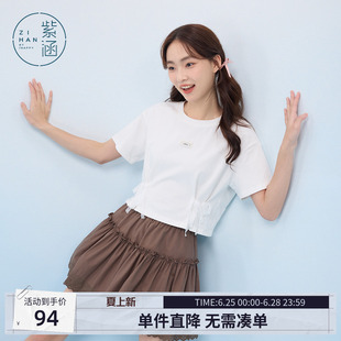紫涵短款蕾丝蝴蝶结短袖T恤女士夏季新款设计感白色正肩圆领上衣