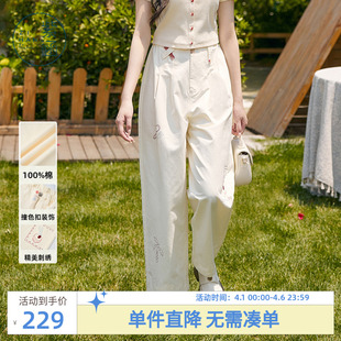 日系简约高腰休闲裤 紫涵刺绣直筒裤 女夏季 新款 子 百搭宽松显瘦长裤