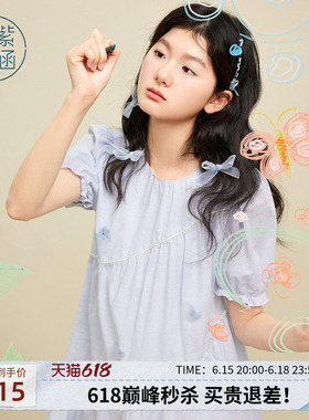 紫涵白色花朵泡泡袖连衣裙女夏季新款甜美减龄多巴胺a字娃娃裙子