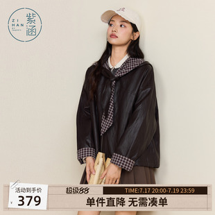 紫涵撞色咖色格纹连帽皮衣女士秋季新款复古宽松休闲领巾夹克外套