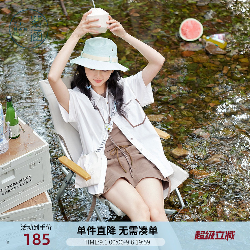紫涵竖条纹短袖衬衫女士夏季新款美式户外风休闲百搭宽松白色上衣图片