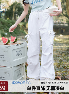 紫涵美式街头户外穿搭白色工装裤女士夏季新款蝴蝶结高腰直筒长裤