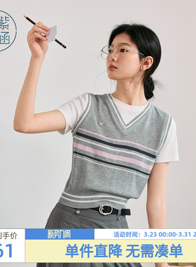 紫涵假两件灰色条纹短袖针织衫女夏季新款学院风撞色拼接圆领T恤